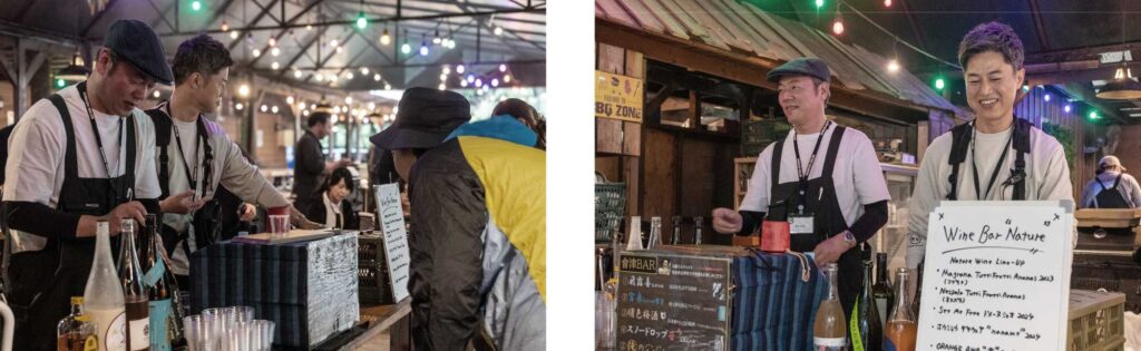 郡山の日本酒を振る舞う加藤さんとナチュラルワインを振る舞うナチュール