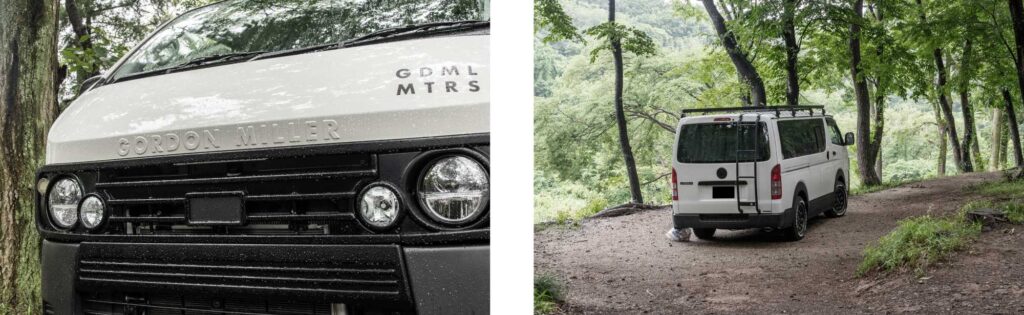 朝のキャンプ場に停車する丸目ハイエースのV-01
