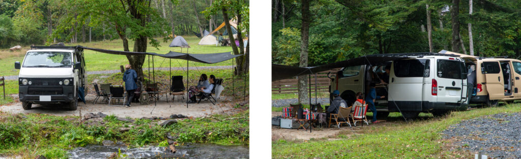 あいにくの雨の中ですがオーニングを広げサイトの設営
