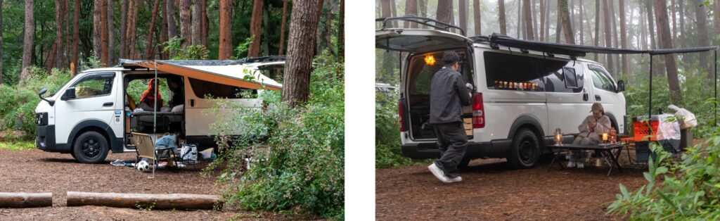V-01のオーニングを開いた車中泊キャンプサイト