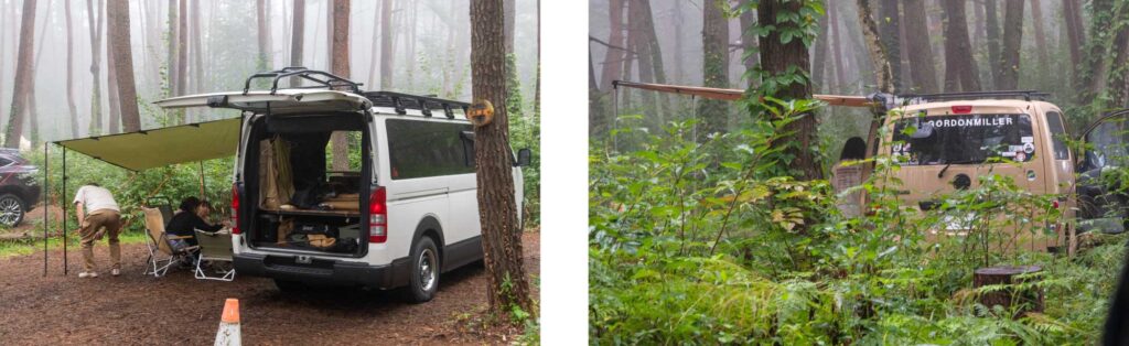 オーニングを開いたGORDON MILLER車両の車中泊キャンプサイト