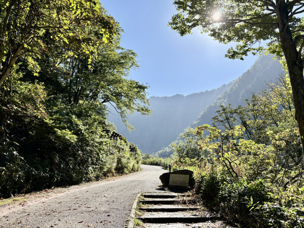 称名滝までの小道で眺められる山と小川の絶景