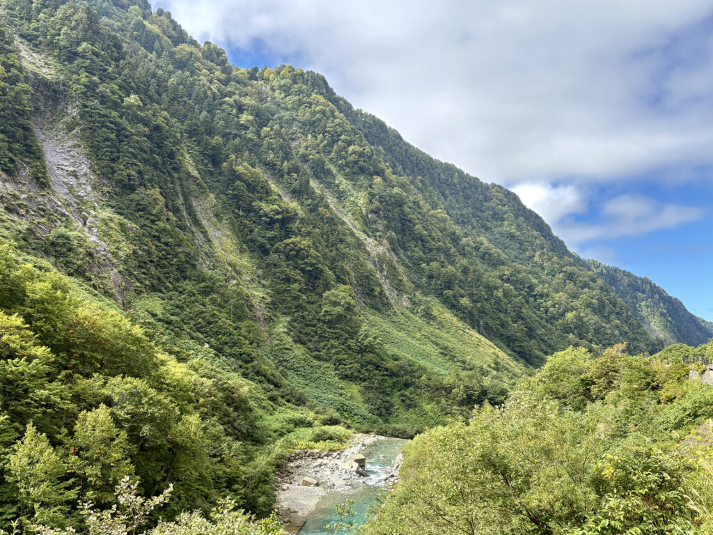 称名滝までの小道で眺められる山と小川の絶景